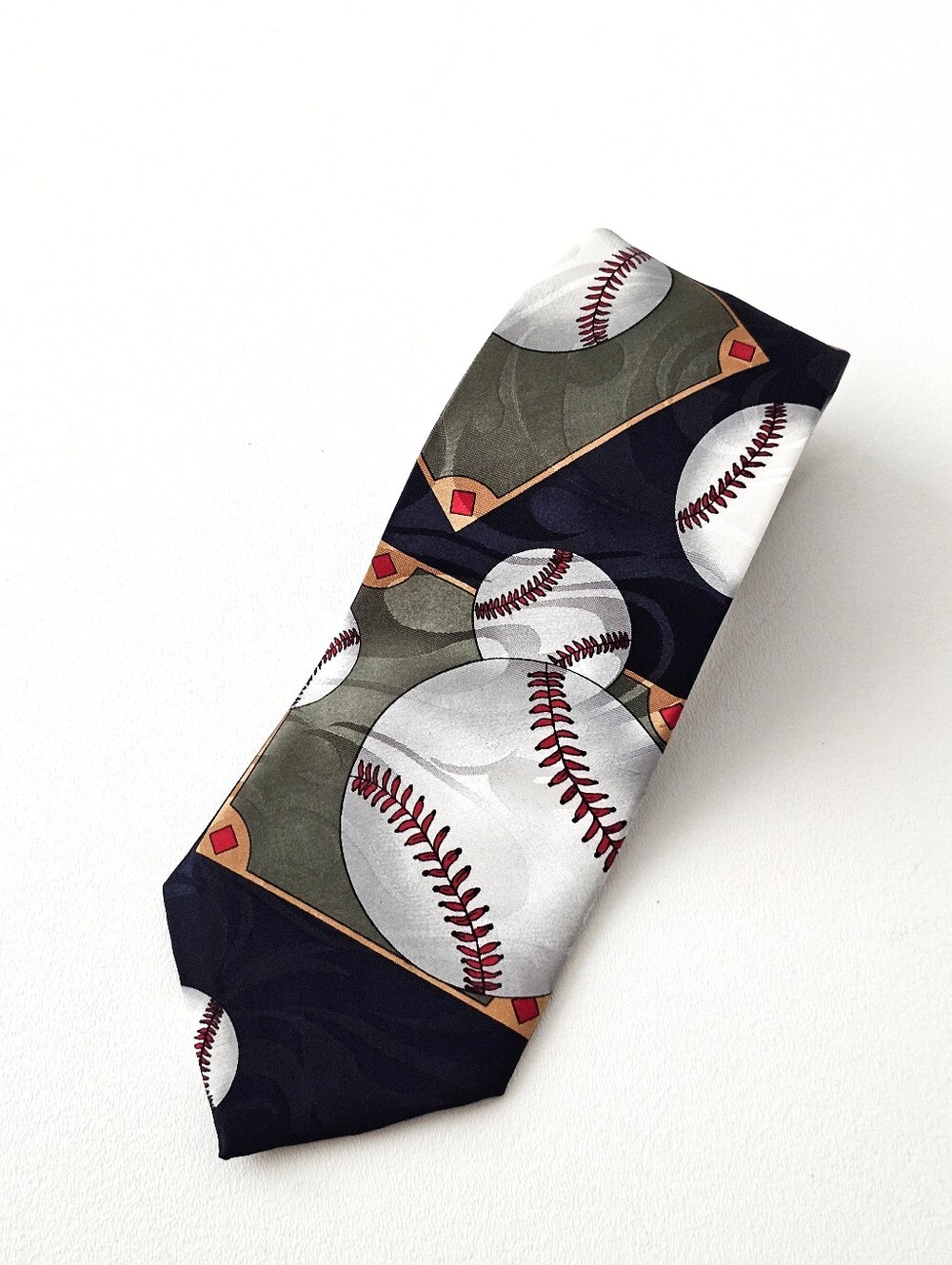 Steven Harris Baseball Print Silk Tie Navy Green Sports Novelty Necktie
